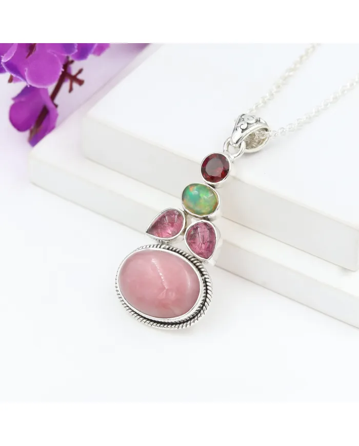 Pink Opal Pendant Necklace 925 Sterling Silver, Multi Gemstone Pendant