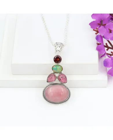 Pink Opal Pendant Necklace 925 Sterling Silver, Multi Gemstone Pendant