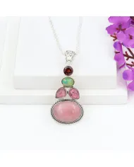 Pink Opal Pendant Necklace 925 Sterling Silver, Multi Gemstone Pendant