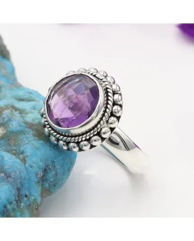 Amethyst Boho Ring in 925 Sterling Silver - Round Gemstone Jewelry