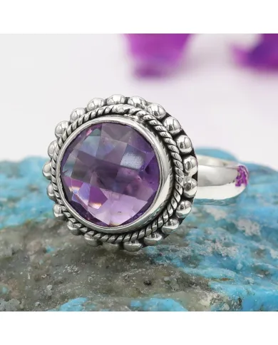Amethyst Boho Ring in 925 Sterling Silver - Round Gemstone Jewelry