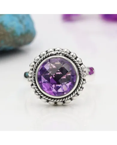 Amethyst Boho Ring in 925 Sterling Silver - Round Gemstone Jewelry