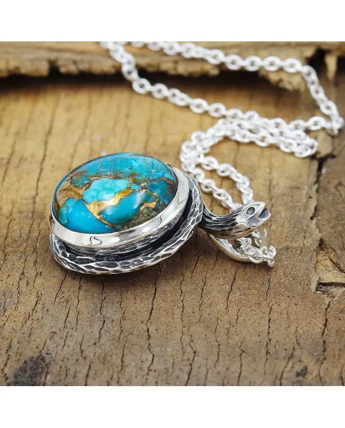 925 Sterling Silver Blue Copper Turquoise Snake Pendant Necklace