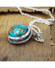 925 Sterling Silver Blue Copper Turquoise Snake Pendant Necklace