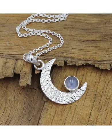 925 Sterling Silver Rainbow Moonstone Crescent Moon Pendant Necklace