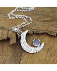 925 Sterling Silver Rainbow Moonstone Crescent Moon Pendant Necklace