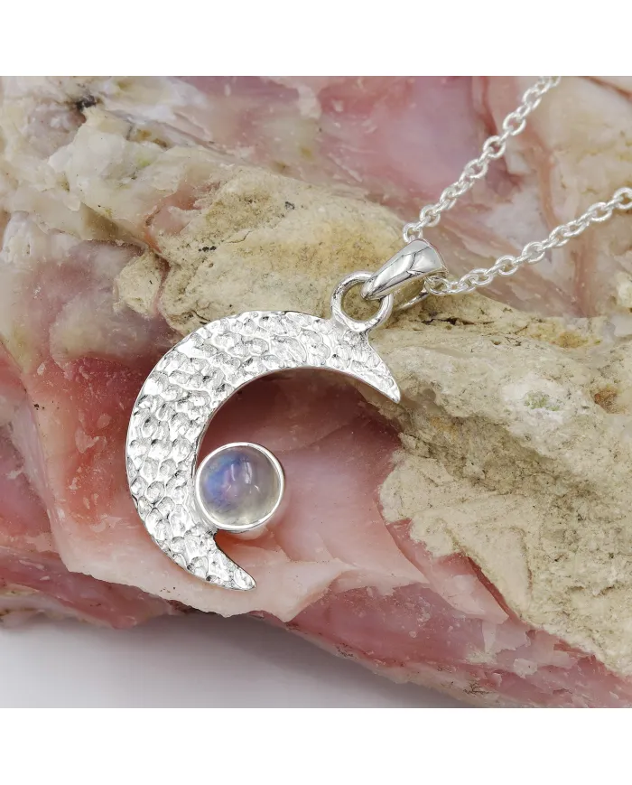 925 Sterling Silver Rainbow Moonstone Crescent Moon Pendant Necklace