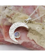 925 Sterling Silver Rainbow Moonstone Crescent Moon Pendant Necklace