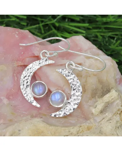 Rainbow Moonstone Earrings - Sterling Silver Half Moon June Birthstone