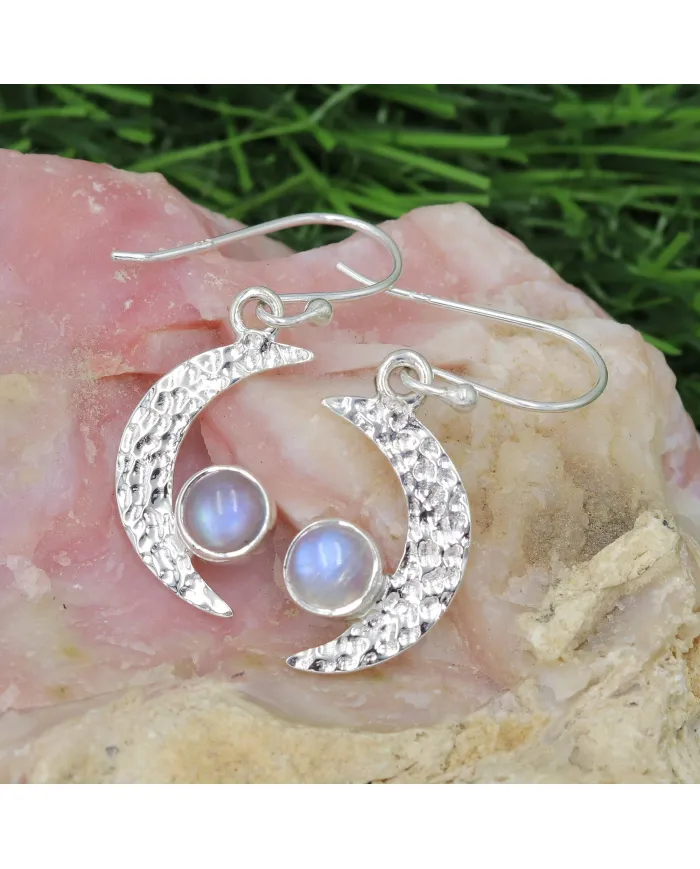 Rainbow Moonstone Earrings - Sterling Silver Half Moon June Birthstone