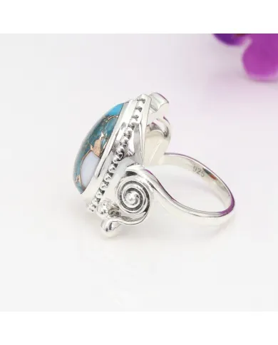 Orange Spiny Oyster Turquoise 925 Silver Pear Cabochon Boho Ring