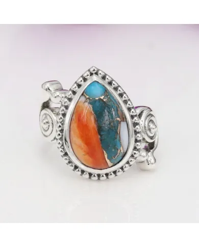 Orange Spiny Oyster Turquoise 925 Silver Pear Cabochon Boho Ring