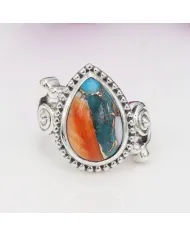 Orange Spiny Oyster Turquoise 925 Silver Pear Cabochon Boho Ring