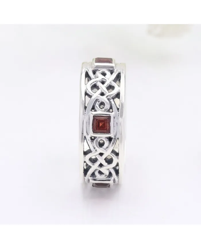 925 Sterling Silver Celtic Knot Garnet Ring | Handmade Band Ring