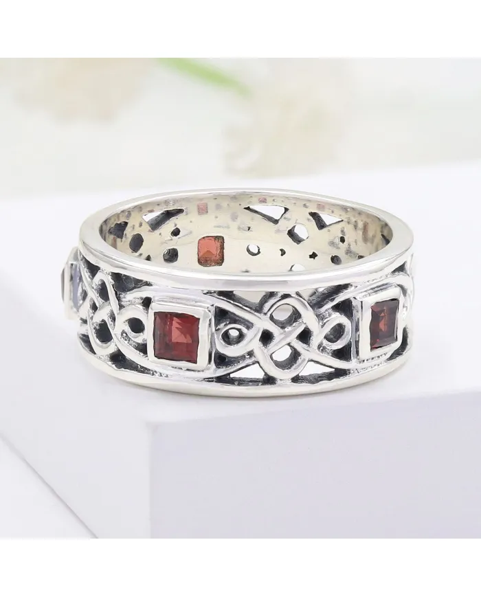 925 Sterling Silver Celtic Knot Garnet Ring | Handmade Band Ring