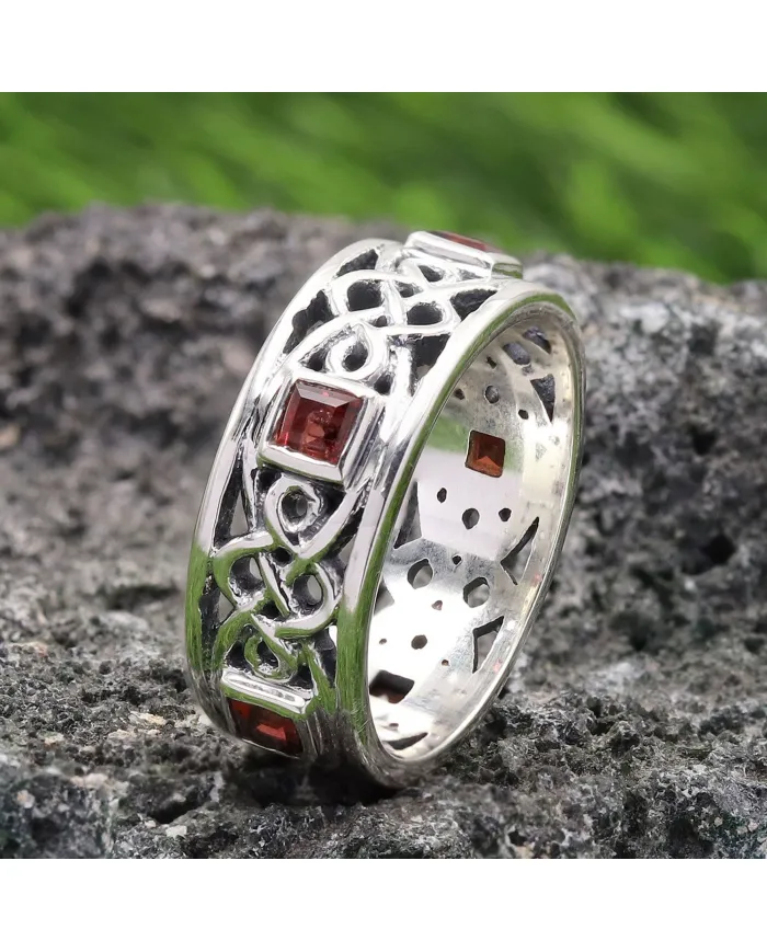 925 Sterling Silver Celtic Knot Garnet Ring | Handmade Band Ring