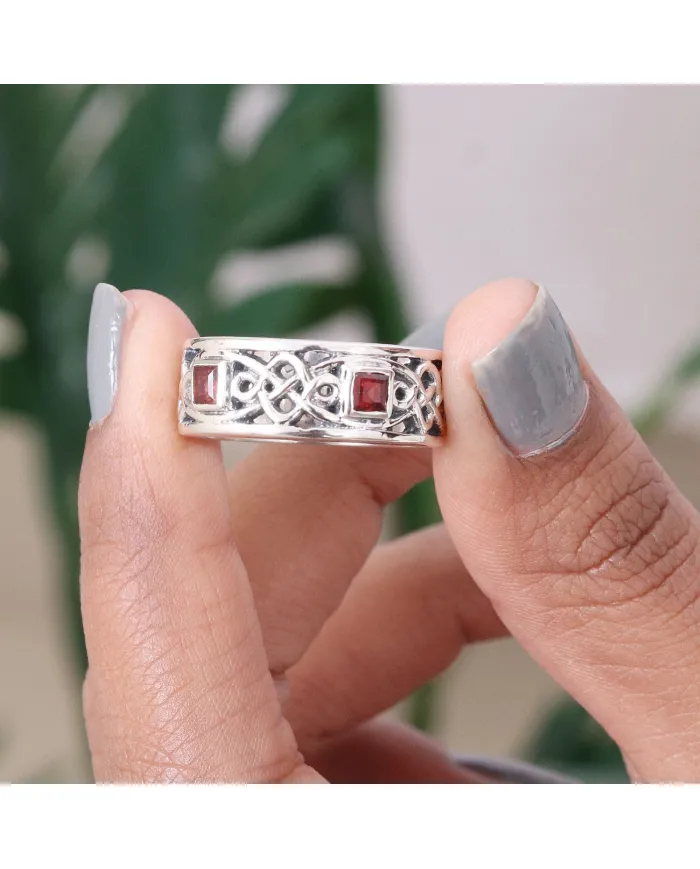 925 Sterling Silver Celtic Knot Garnet Ring | Handmade Band Ring