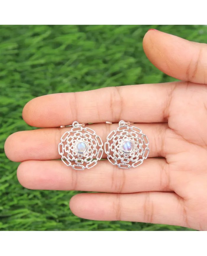 Rainbow Moonstone Flower Earrings - 925 Sterling Silver Dainty Jewelry