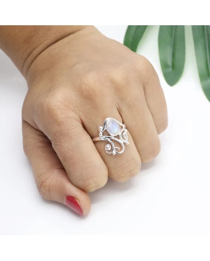 Rainbow Moonstone Ring | 925 Sterling Silver Handmade Filigree Ring