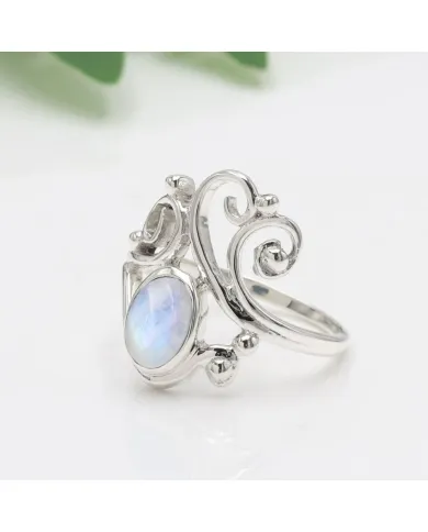 Rainbow Moonstone Ring | 925 Sterling Silver Handmade Filigree Ring