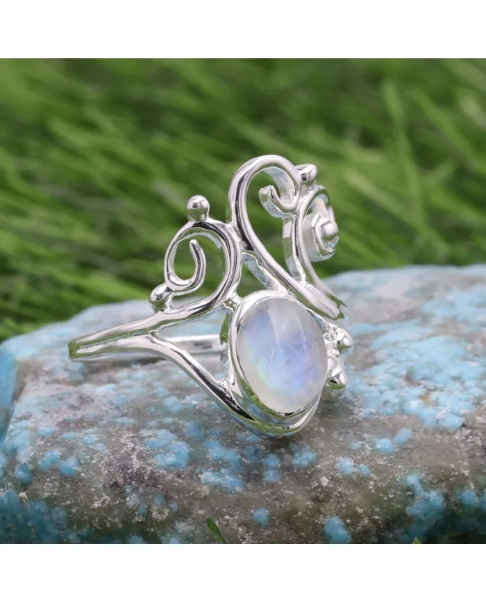 Rainbow Moonstone Ring | 925 Sterling Silver Handmade Filigree Ring