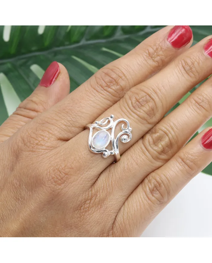 Rainbow Moonstone Ring | 925 Sterling Silver Handmade Filigree Ring