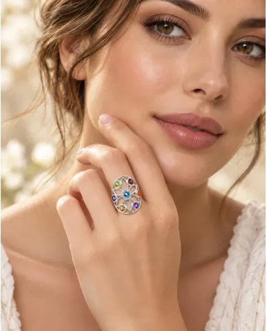 Multi Gemstone Chakra Ring • 925 Sterling Silver Floral Statement Band
