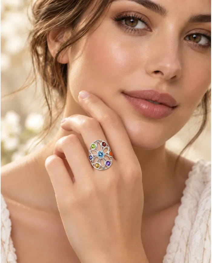 Multi Gemstone Chakra Ring • 925 Sterling Silver Floral Statement Band