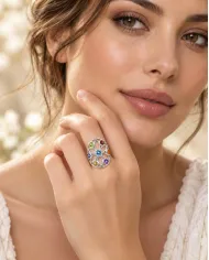 Multi Gemstone Chakra Ring • 925 Sterling Silver Floral Statement Band
