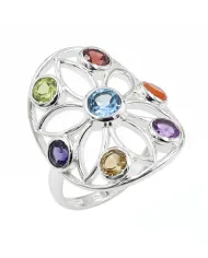 Multi Gemstone Chakra Ring • 925 Sterling Silver Floral Statement Band