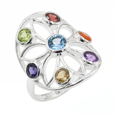 Multi Gemstone Chakra Ring • 925 Sterling Silver Floral Statement Band
