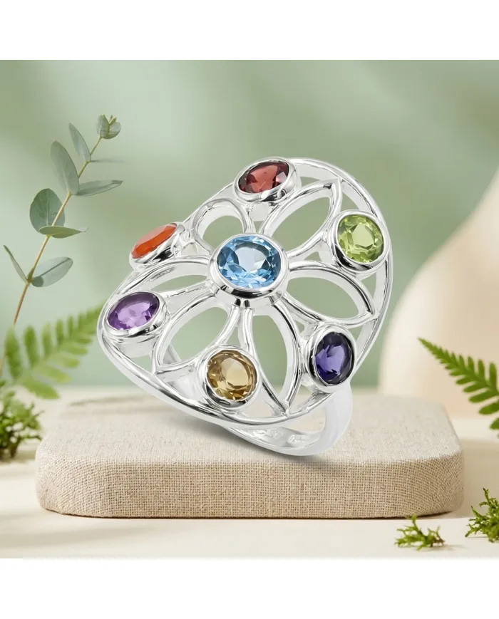 Multi Gemstone Chakra Ring • 925 Sterling Silver Floral Statement Band