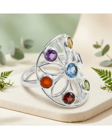 Multi Gemstone Chakra Ring • 925 Sterling Silver Floral Statement Band