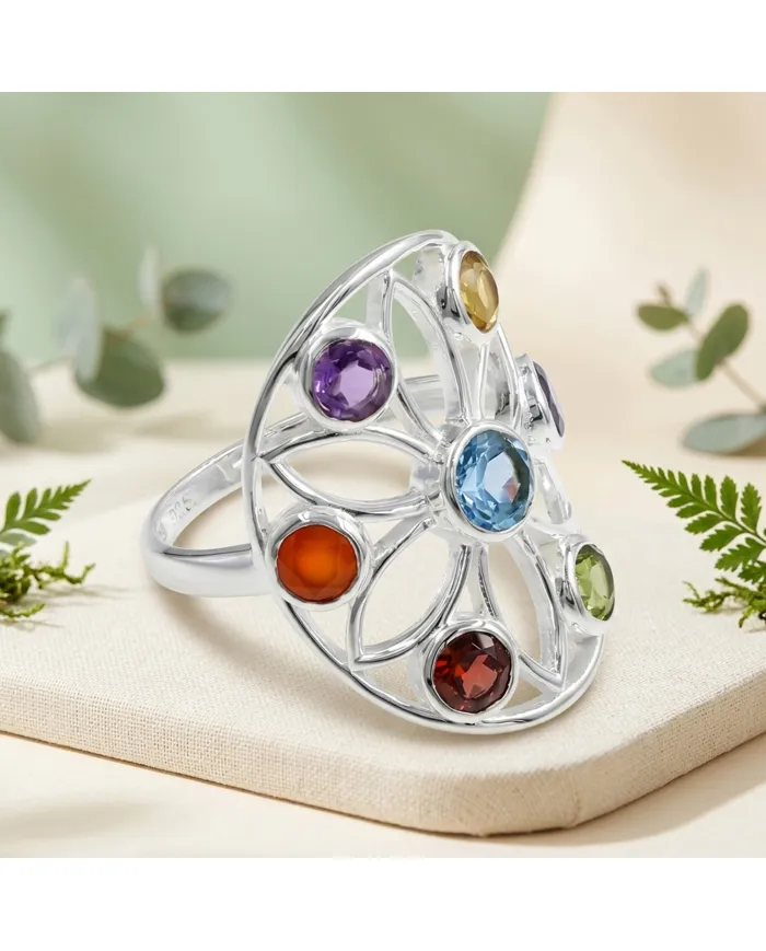 Multi Gemstone Chakra Ring • 925 Sterling Silver Floral Statement Band