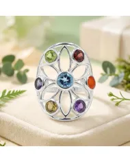 Multi Gemstone Chakra Ring • 925 Sterling Silver Floral Statement Band