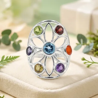 Multi Gemstone Chakra Ring • 925 Sterling Silver Floral Statement Band