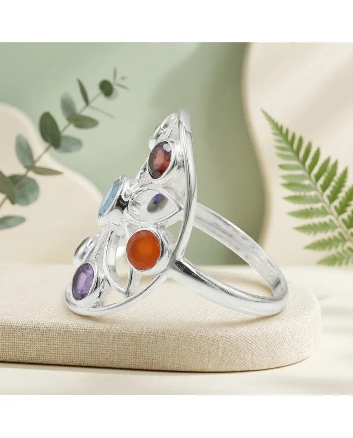 Multi Gemstone Chakra Ring • 925 Sterling Silver Floral Statement Band