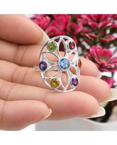 Multi Gemstone Chakra Ring • 925 Sterling Silver Floral Statement Band