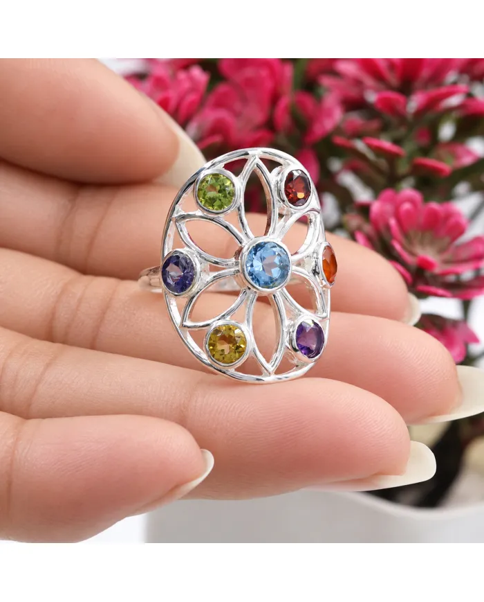 Multi Gemstone Chakra Ring • 925 Sterling Silver Floral Statement Band