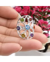 Multi Gemstone Chakra Ring • 925 Sterling Silver Floral Statement Band