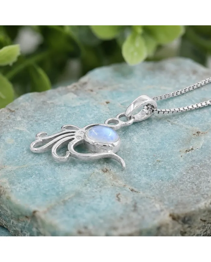 Moonstone Octopus Pendant Necklace - 925 Sterling Silver Ocean Jewelry