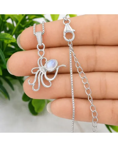 Moonstone Octopus Pendant Necklace - 925 Sterling Silver Ocean Jewelry