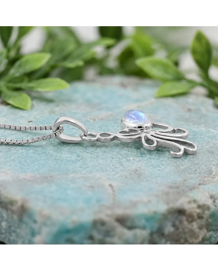Moonstone Octopus Pendant Necklace - 925 Sterling Silver Ocean Jewelry