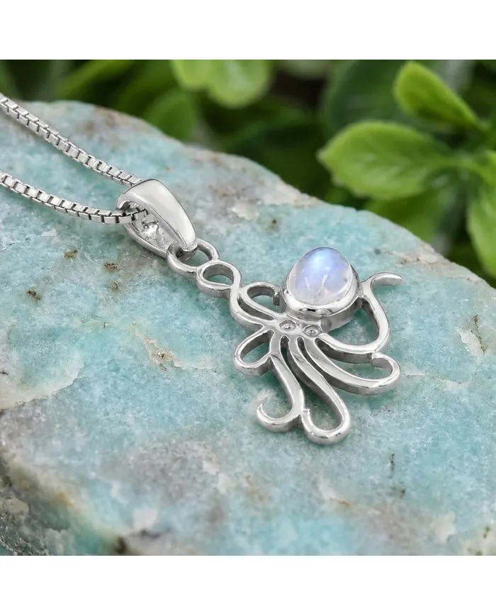 Moonstone Octopus Pendant Necklace - 925 Sterling Silver Ocean Jewelry