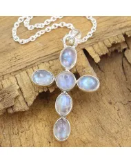 Rainbow Moonstone Cross Pendant - 925 Sterling Silver Religious Jewelry