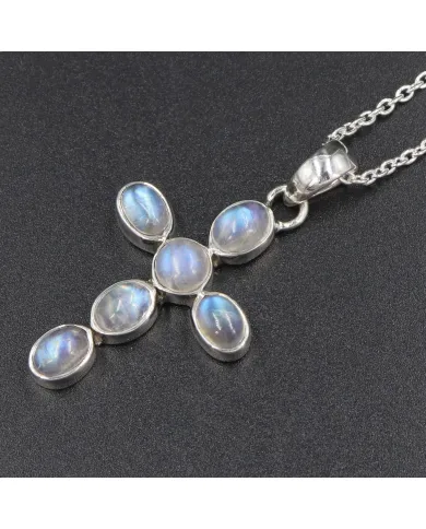 Rainbow Moonstone Cross Pendant - 925 Sterling Silver Religious Jewelry