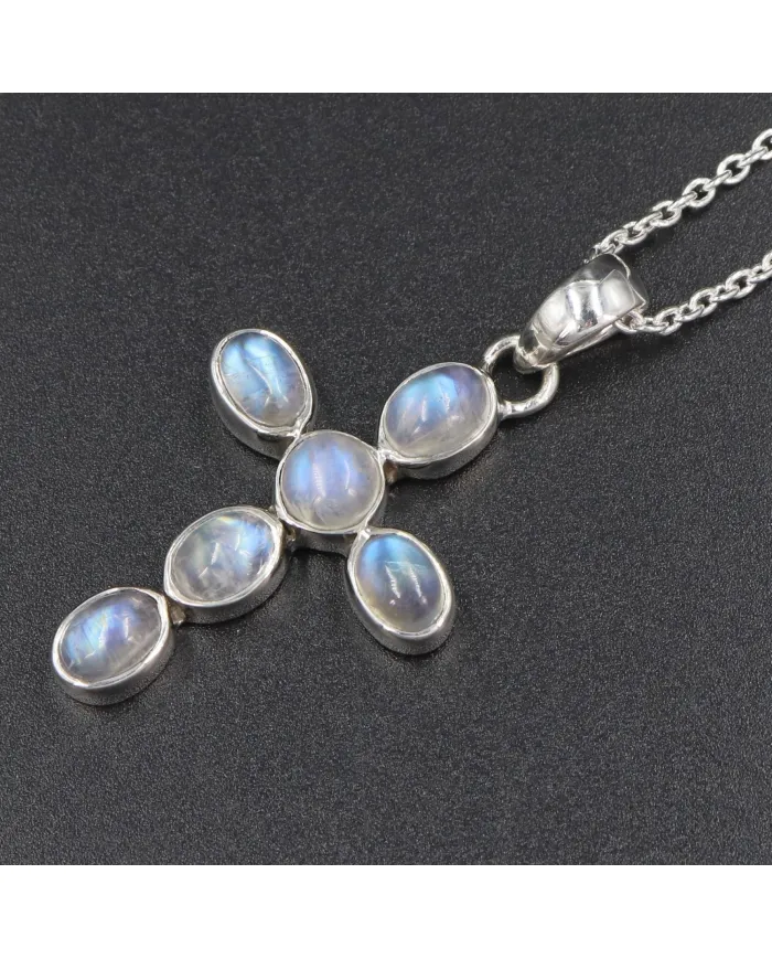 Rainbow Moonstone Cross Pendant - 925 Sterling Silver Religious Jewelry