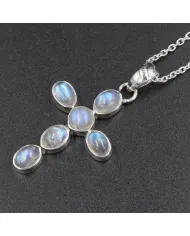 Rainbow Moonstone Cross Pendant - 925 Sterling Silver Religious Jewelry