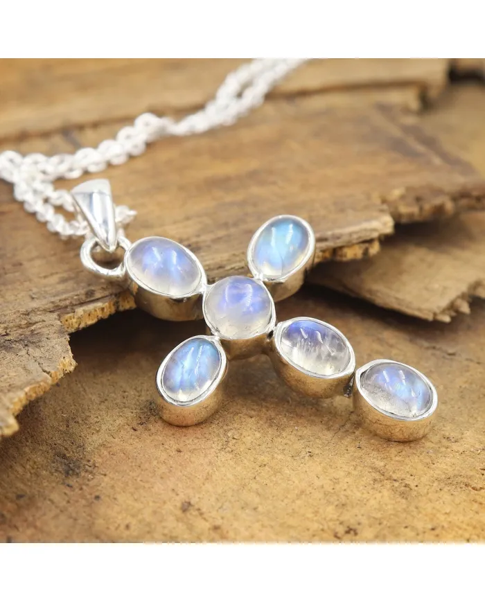 Rainbow Moonstone Cross Pendant - 925 Sterling Silver Religious Jewelry