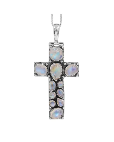 Rainbow Moonstone Cross Pendant Necklace - 925 Sterling Silver Jewelry